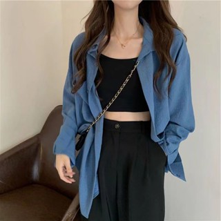 藍色薄款襯衫外套女|夏季法式別致上衣|設計感小眾防曬開衫|外搭襯衣|寬松長袖上衣|POLO領外套|紐扣口袋