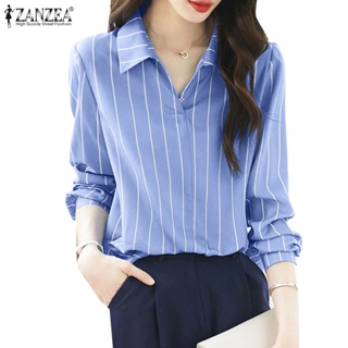 Zanzea 女式韓版通勤時尚馬球領條紋襯衫