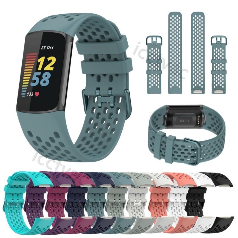 洞洞款錶帶 適用於Fitbit Charge 5 矽膠替換帶 運動透氣錶帶 防水防汗