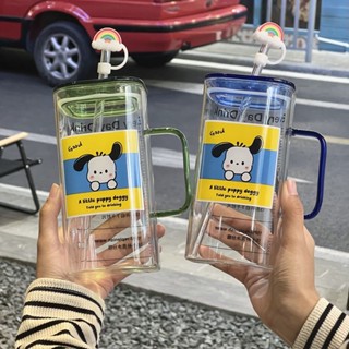 吸管玻璃杯 耐高溫玻璃水杯大容量透明喝水杯帶把手方形杯吸管杯卡通可愛杯子 小狗杯子