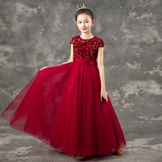 少女公主長款洋裝兒童伴娘選美洋裝正式蕾絲禮服耶誕派對亮片網紗洋裝5-14歲