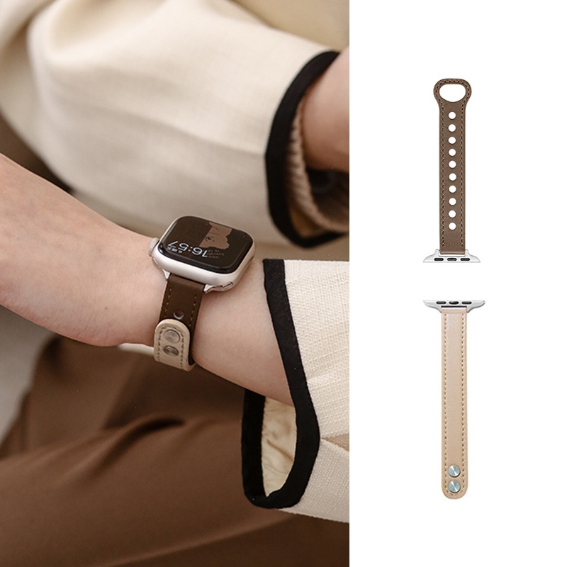 女生雙釘拼色皮革錶帶 適用於 Apple Watch S8/Ultra/7/6/se2/4 蘋果智能手錶配件 夏季 超薄