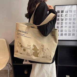 韓版時尚排隊貓手提包 可愛大容量單肩帆布包 學生上課裝書袋 時尚環保購物袋 手提袋 單肩包