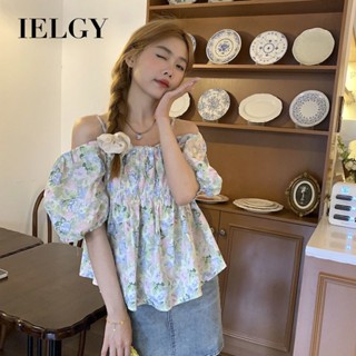 IELGY 襯衫女一字領小清新碎花泡泡袖韓系露肩絕美短版上衣
