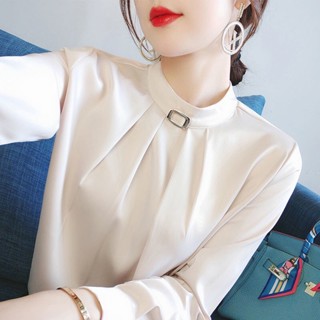 大碼立領襯衫女|春秋長袖襯衫|氣質職業襯衣|高階感長袖上衣|韓版雪紡衫|純色紐扣小衫|寬松套頭上衣|圓領套頭襯衫