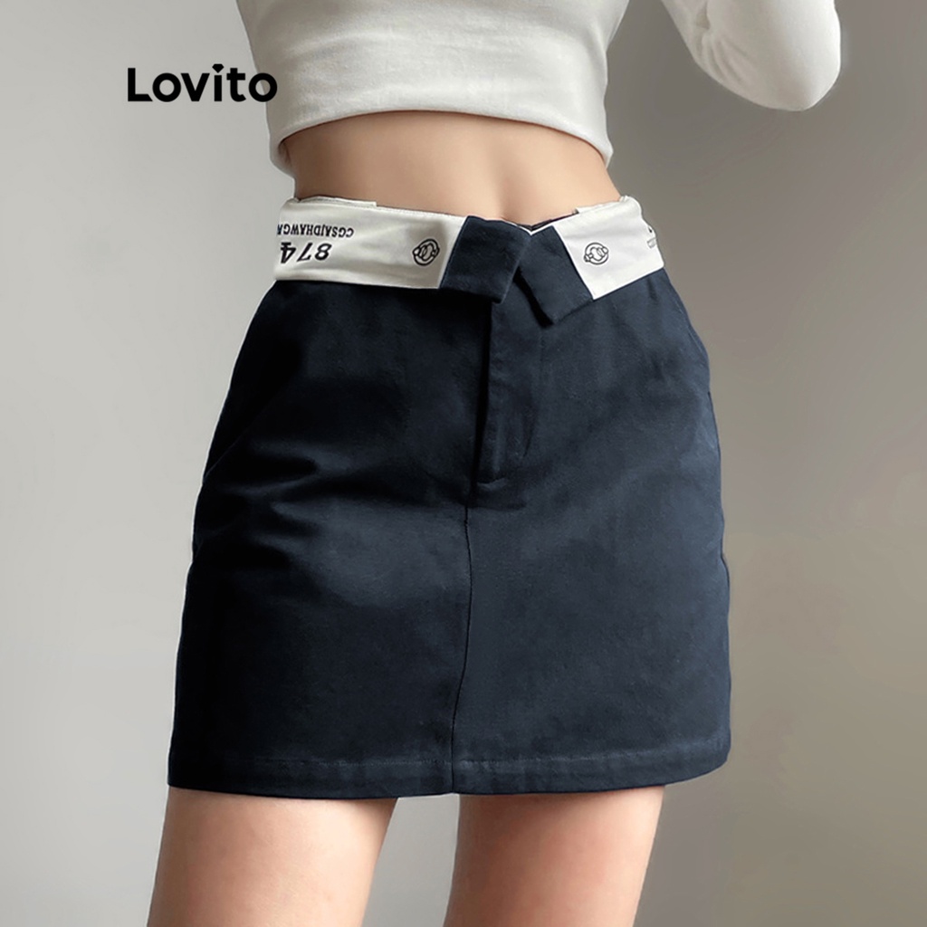 Lovito 女式休閒素色拼色拉鍊短裙 LNE07201 (藏青色)
