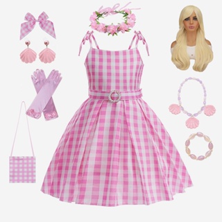Lxaa 電影芭比娃娃服裝女孩粉色格子瑪格特羅比角色扮演兒童公主裙生日萬聖節嘉年華派對 Vestidos