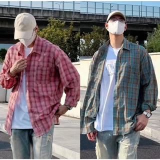 日本男士街頭嘻哈潮流長袖襯衫大口袋超大中性格子襯衫