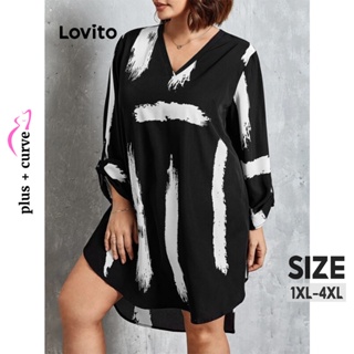 Lovito 大尺碼女式休閒條紋高低洋裝 LBE02090（黑色）