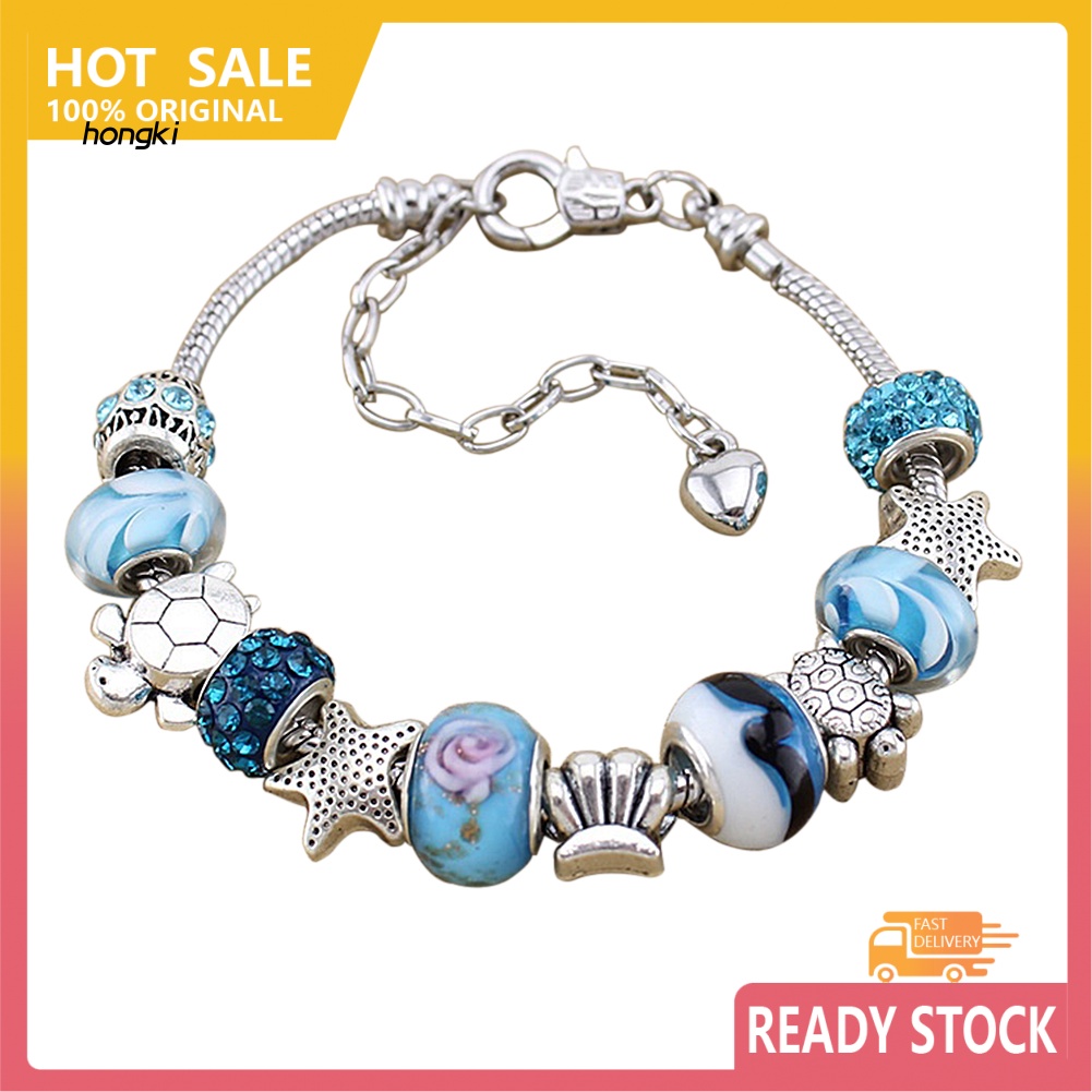 Hh 女式女孩別緻海洋藍色玻璃珠龜殼手鐲手鍊首飾