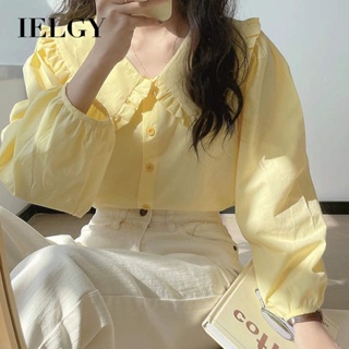 IELGY 黃色長袖襯衫女式法式複古娃娃領上衣設計小眾襯衫