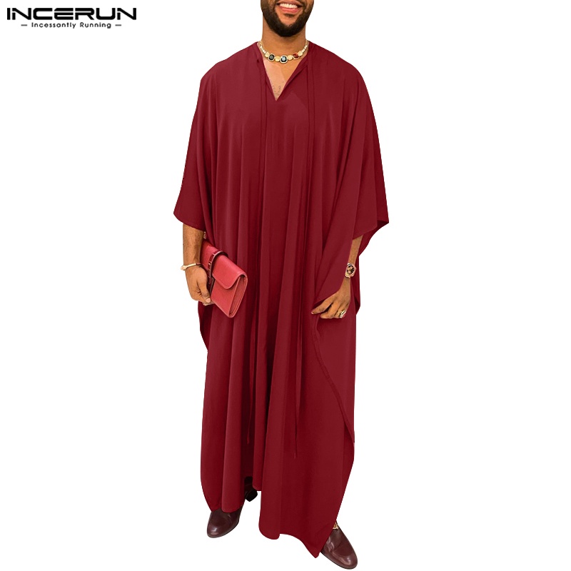 Incerun 男士穆斯林簡約 V 領領帶休閒純色短袖長袍