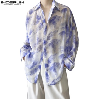 Incerun 男士韓版寬鬆薄款雪紡長袖印花襯衫