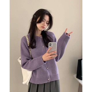 Leann-黎安 小香感插肩袖針織開衫 女 春秋新款 簡約寬鬆慵懶圓領毛衣 外套上衣