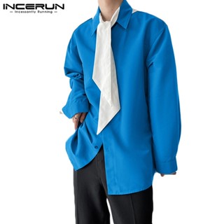 Incerun 男士韓版撞色領口繫帶長袖翻領襯衫