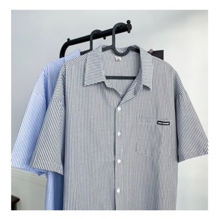 韓版流行風時尚男士垂墜襯衫條紋印花大碼休閒短袖襯衫