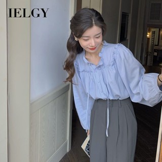 IELGY 法式長袖襯衫女寬鬆夏季新款設計感繫帶上衣復古耳邊襯衫