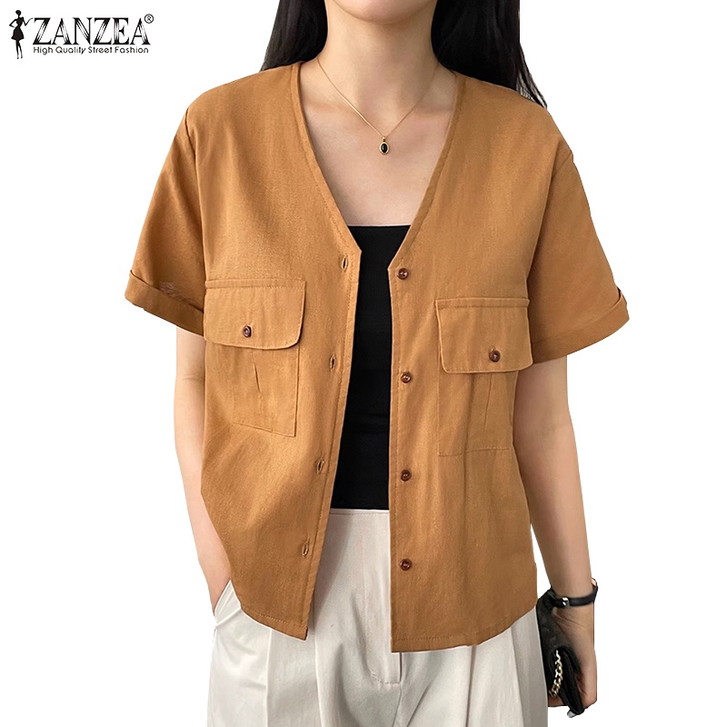 Zanzea 女士韓版日常純色 V 領短袖西裝外套