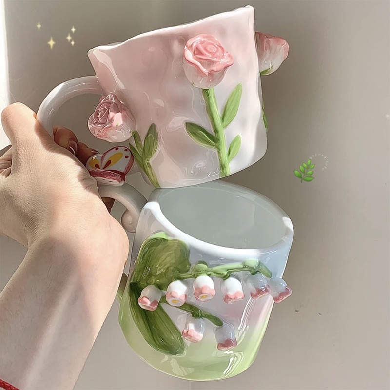 玫瑰郁金香立體浮雕花朵馬克杯高顏值女生陶瓷杯子生日禮物伴手禮