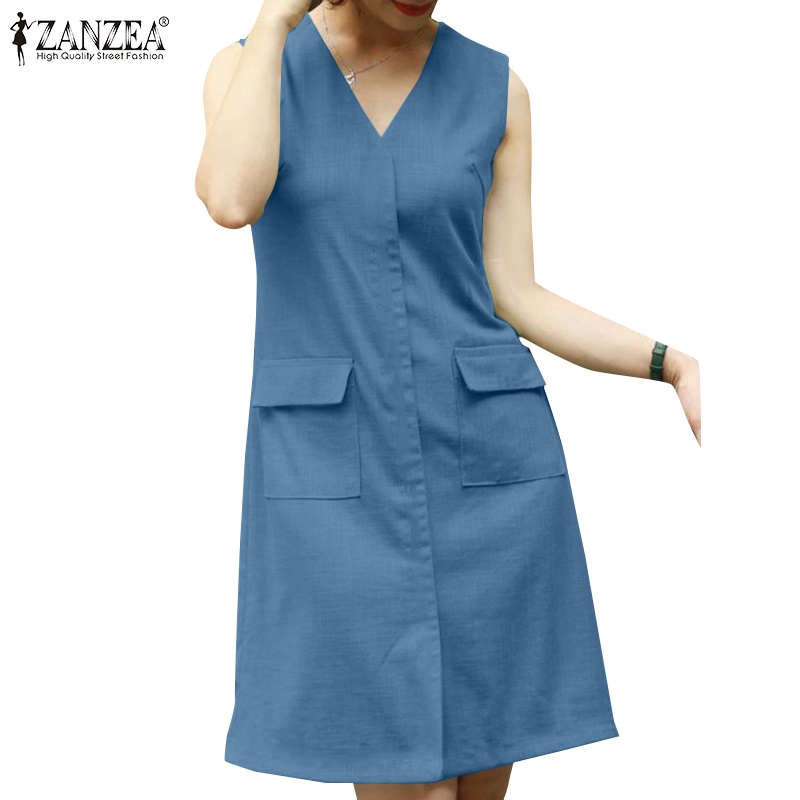 Zanzea 女式韓版休閒簡約 V 領撞色刺繡帶口袋連衣裙
