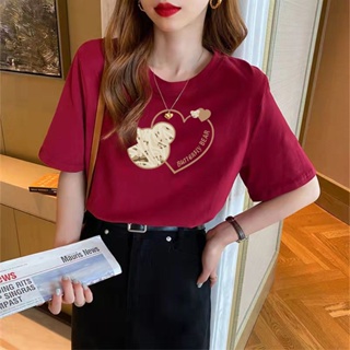 【現貨速發】Red T-shirt熊頭愛心短袖T恤女潮2023韓版設計感寬鬆顯瘦體恤上衣10.3