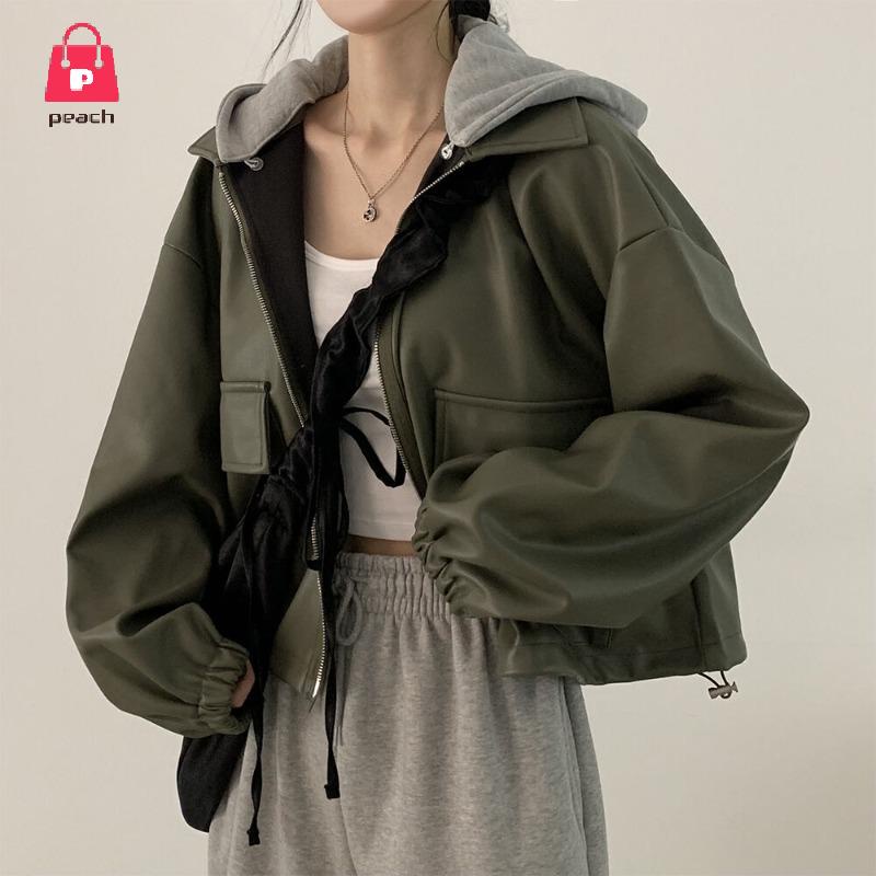 桃子女裝[當季新品]韓版chic小眾休閒百搭連帽拼接假兩件皮衣外套女別緻短版夾克上衣