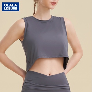 OLALA 上衣寬鬆無袖透氣戶外跑步運動背心女短版百搭瑜伽t恤健身服