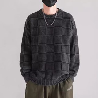 做舊復古格子毛衣男圓領秋冬季潮牌寬鬆日系青年套頭打底上衣外套 潮牌寬鬆針織衫 設計感小眾上衣 M-3XL