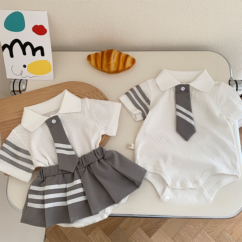 夏季男嬰女童套裝棉質嬰兒短連衣褲帶裙 0-2 歲新生嬰兒新年禮物服裝