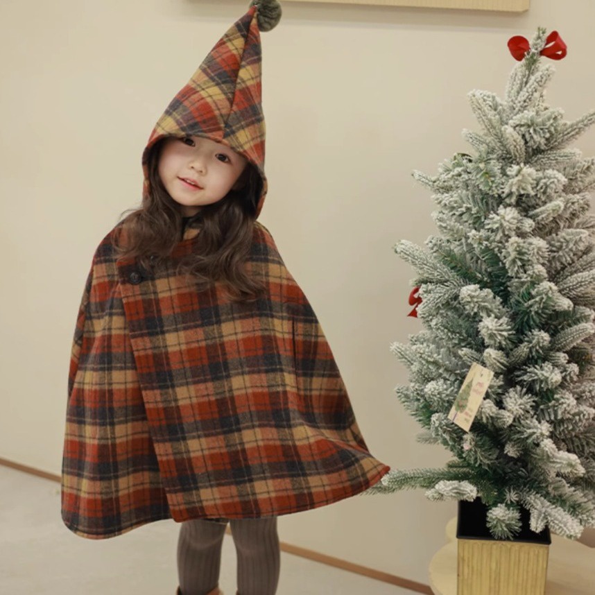 韓國童裝 女童格紋斗篷外套 兒童洋氣尖尖帽披風 保暖 格子加棉加厚毛呢大衣 冬裝 新款 韓版 可愛 耶誕斗篷