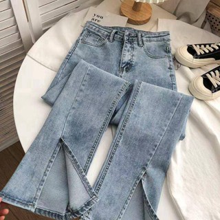 高腰彈力 牛仔褲 開叉牛仔褲 女學生 微喇叭褲 闊腿 長褲 夏天長褲 015付發票+臺灣出貨