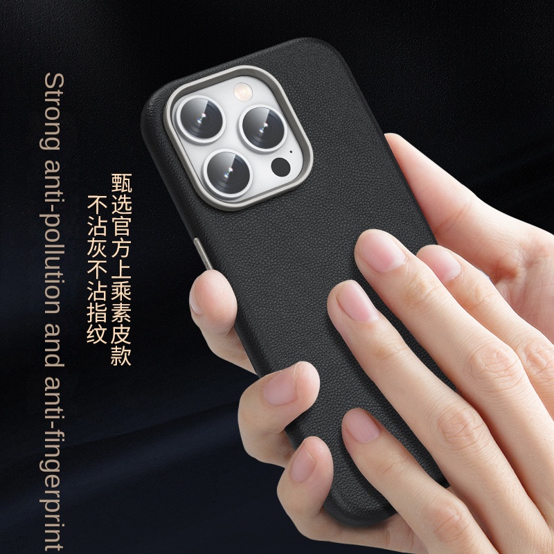 適用於 iPhone 15 Pro Max 15 14 Pro 鋁製按鈕商務超薄後蓋的豪華真皮皮套