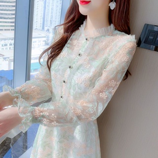 韓系超仙仙女裙2024新款秋裝女荷葉邊網紗長袖中長款法式洋裝