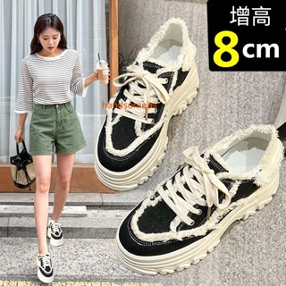 黑色帆布鞋女秋季透氣內增高女鞋8cm小個子厚底松糕鞋休閒老爹鞋 小白鞋 老爹鞋 女鞋 平底鞋 休閒運動鞋 學生休閒鞋