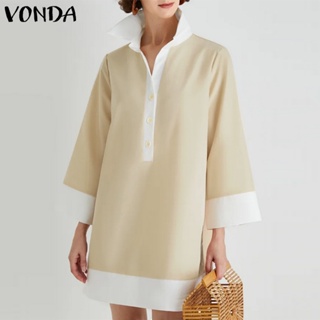 Vonda 女士復古襯衫領拼布七分喇叭袖寬鬆連衣裙