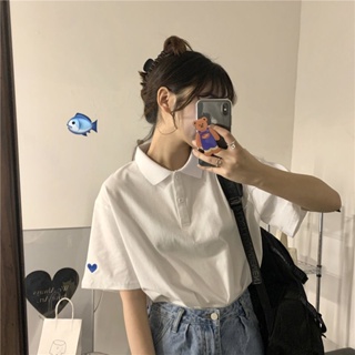 [JS豆家好物] 日系polo衫短袖女學生韓版寬鬆2022新款潮設計感小眾t恤女ins上衣