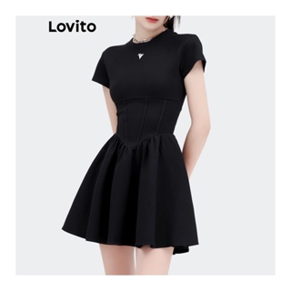 Lovito 女士休閒素色結構線條基本款洋裝 L58AD143 (黑色)