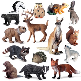 14件套野生仿真動物模型森林 袋鼠白尾鹿紅狐松鼠麋鹿棕熊野兔刺蝟玩具 早教認知禮物套裝
