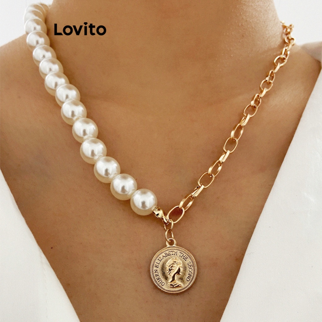 Lovito 波西米亞女式素色珍珠項鍊 L63AD002 ( 金色 )