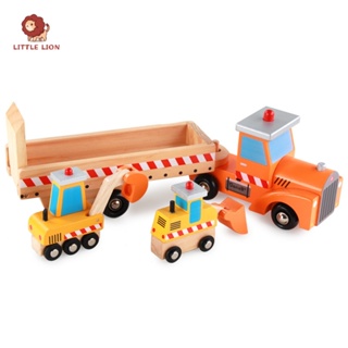 【小獅子】木製工程車套裝 男孩車模型 早教認知工程車 木製玩具 挖掘機 益智玩具 車車玩具 汽車玩具 幼兒教具 木質