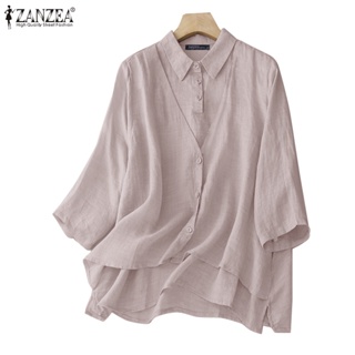 Zanzea 女式韓版半開管下擺開叉 3/4 袖正面雙層襯衫