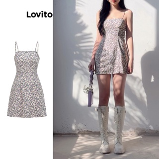 Lovito 女士休閒小碎花拉鍊洋裝 L61AD080(紫羅蘭色)