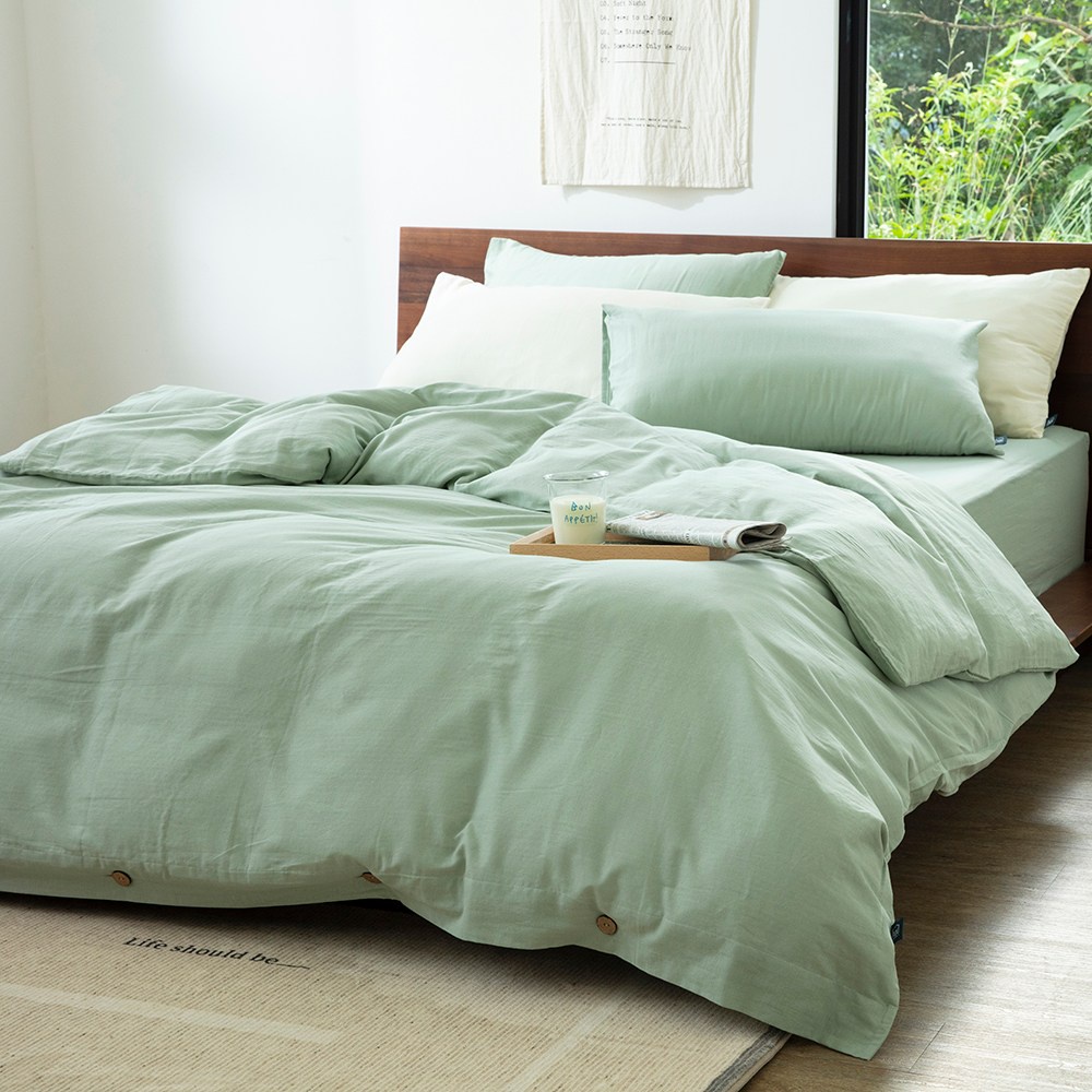 hoi!賴床包-雙層紗素睡單人床包-夢境綠