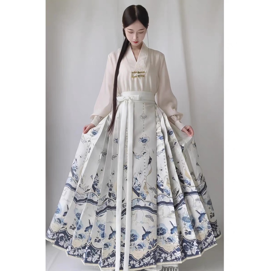 Miguo_青花瓷 新中式中國風漢服藍色馬面裙配上衣套裝 女裝 日常通勤秋裝 馬面裙系列套裝_1922
