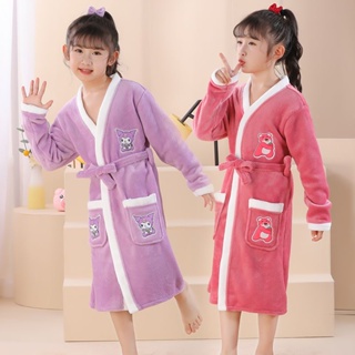 女童睡衣冬季法蘭絨加厚中長款浴袍睡袍卡通珊瑚絨兒童家居服套裝