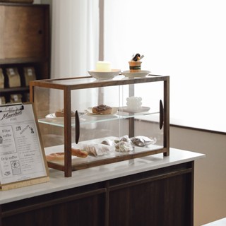 枝蔭復古黑胡桃木實木玻璃麵包展示櫃咖啡店甜品茶具陳列架收納櫃