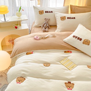 韓國小熊毛巾繡牛奶絨床包四件組 秋冬加厚法萊絨床包四件組 可愛卡通四件組 單人/雙人/加大雙人床包 床罩/床單組
