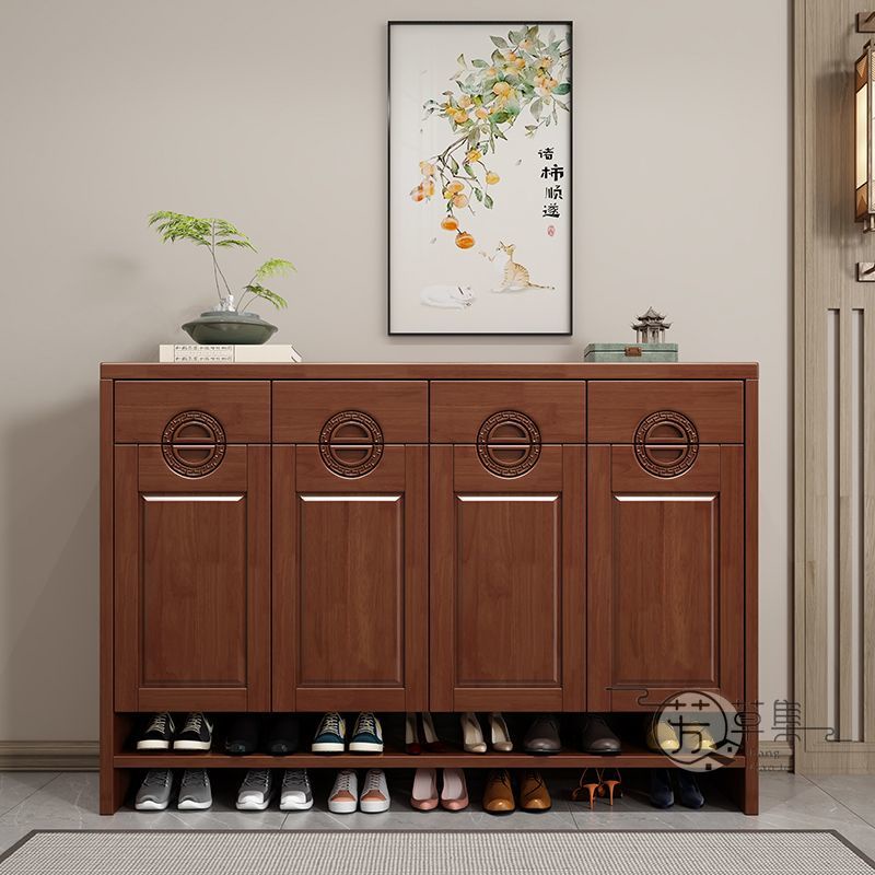 新中式實木鞋櫃 簡約現代雕花入戶門廳櫃 超大容量雙層兩米四門鞋櫃