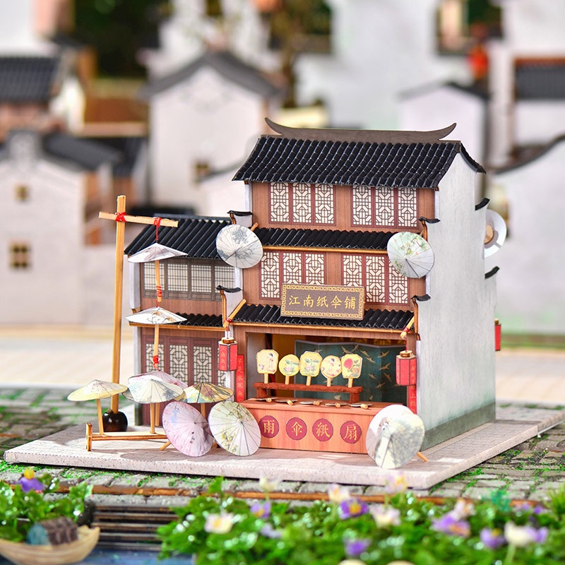 （現貨）中國風複古建築模型diy小屋江南紙傘鋪創意手工製作擺件生日禮物