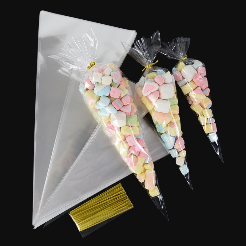 100 件 Opp 塑料三角袋透明糖果袋冰淇淋玻璃紙錐形包裝袋帶扭結